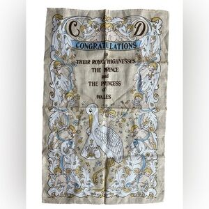 Vintage Royal Baby Stork Irish Linen Tea Towel Made in Ireland 18.5 x 29 Wales
